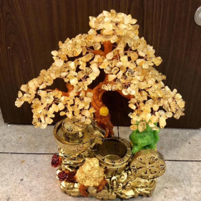 Cây Tài Lộc với tiểu cảnh thiềm thừ cóc ngậm tiền và tỳ hưu phong thủy đá thạch anh vàng - Cao 30 cm