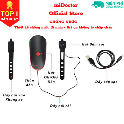 Đèn xe đạp thể thao miDoctor siêu sáng có còi pin sạc usb led T6 chống nước - Đèn còi xe đạp có 3 chế độ sáng còi to - Chính hãng miDoctor