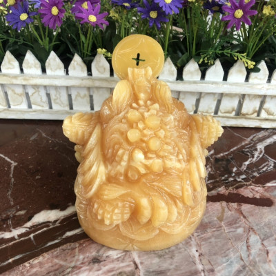 Tượng Cóc Ba Chân, Cóc Ngậm Tiền, Thiềm Thừ phong thủy chiêu tài lộc đá ngọc hoàng long - Dài 15 cm