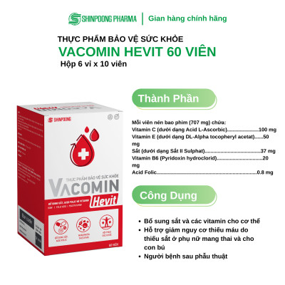 [Hộp 60 Viên] Viên Uống VACOMIN HEVIT Bổ Sung Sắt (Fe) Cho Người Có Nguy Cơ Thiếu Máu | Kết Hợp Acid Folic, Vitamin C, E, B6 - SHINPOONG PHARMA
