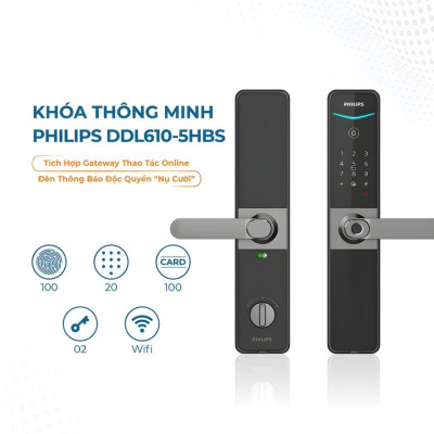 Bộ khóa cửa thông minh Gateway điều khiển từ xa, vân tay, thẻ từ, mật khẩu và chìa cơ Philips DDL610-5HBS - Hàng chính hãng