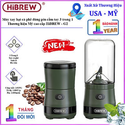 Máy xay hạt cà phê, sinh tố và đá viên dùng pin cầm tay 3 trong 1 đa năng. Thương hiệu Mỹ cao cấp HiBREW - G2. Hàng chính hãng
