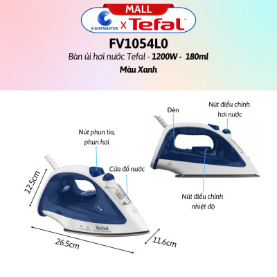 Bàn ủi hơi nước Tefal FV1054L0 1200W - Bàn ủi hơi nước Tefal Easy Steam FV1955E0 1400W  - Hàng Chính Hãng