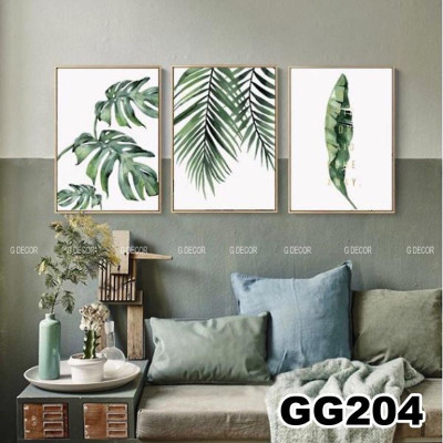 Tranh treo tường canvas 3 bức phong cách hiện đại Bắc Âu 114, tranh lá cây trang trí phòng khách, phòng ngủ, spa