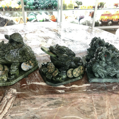 Bộ combo Tỳ Hưu, Cóc Ba Chân, Cóc Ngậm Tiền, Thiềm Thừ và Long quy, rùa đầu rồng phong thủy đá ngọc Ấn Độ - Dài 20 cm