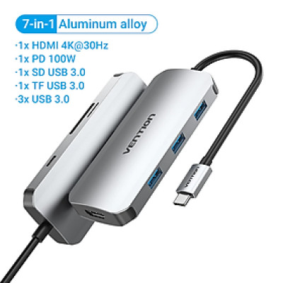 Hub Type-C to HDMI 6 in 1 cho Macbook có sạc nhanh - Chuyển đổi HUB USB Type C to HDMI, VGA, USB 3.0, PD Type-C Vention - Hàng chính hãng 