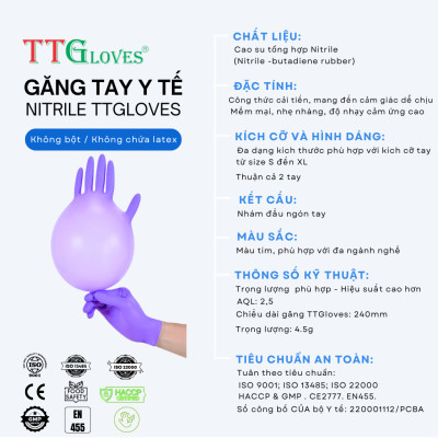 Găng Tay Cao Su Y Tế Size M Không Bột Nitrile TTGLOVES Màu Tím (100 Chiếc)