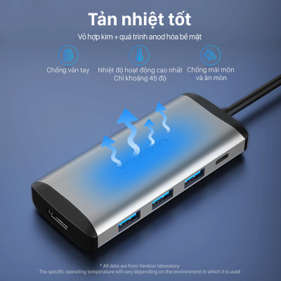 Cáp chuyển đổi Type-C sang HDMI + 3 cổng USB 3.0 + Type-C PD  Vention CNBHB - hàng chính hãng
