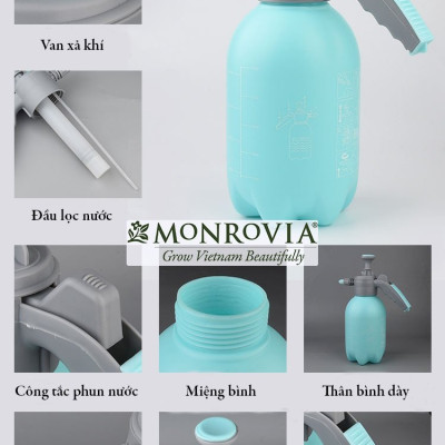 Bình xịt tưới cây MONROVIA 2 lít, phun sương tưới cây cảnh, vòi dài, tặng vòi ngắn, màu xanh, tiêu chuẩn Châu Âu