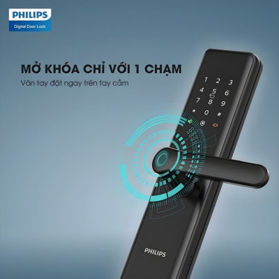 Bộ khóa cửa thông minh Bluetooth, vân tay, thẻ từ, mật khẩu và chìa cơ Philips DDL7300 - Hàng nhập khẩu