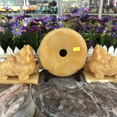 Bộ combo Tỳ Hưu dài 15cm và đồng điếu đồng tiền phong thuỷ dài 16cm đá ngọc hoàng long