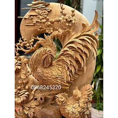 Tượng gia đình gà phong thủy bằng gỗ ngọc am kt 86×66×37cm 