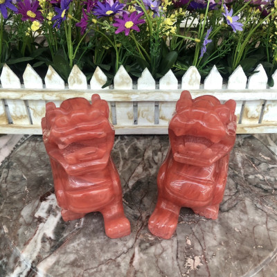 Cặp Tỳ Hưu phong thủy đá núi lửa Obsidian đỏ - Dài 15 cm