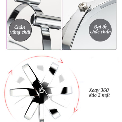 Gương trang điểm phóng đại 3 lần, xoay 360 độ, 2 mặt siêu nét, để bàn, Inox 304, Size 18cm, 20cm, Minh House G31