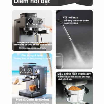 Máy pha và xay cà phê bán tự động 3 trong 1 Espresso, Cappuccino, Latte. Kết hợp 20 chế độ xay. Thương hiệu Mỹ cao cấp HiBREW - H20. HÀNG CHÍNH HÃNG