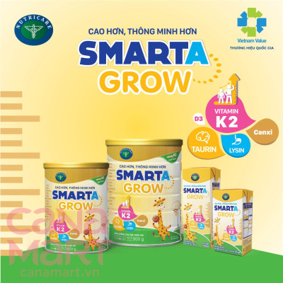 Sữa bột tốt cho bé Nutricare Smarta Grow, giúp trẻ tăng trưởng chiều cao, phát triển não bộ, dinh dưỡng cho trẻ thấp còi (900g)