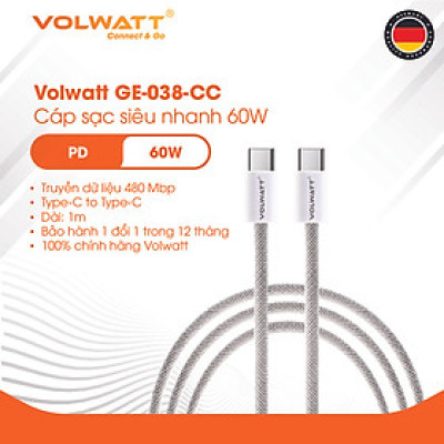 Cáp sạc nhanh 60W Volwatt GE-038-CC hàng chính hãng| Cáp Type-C to Type-C PD, truyền dữ liệu 480Mbps, 1m – BH 12 tháng