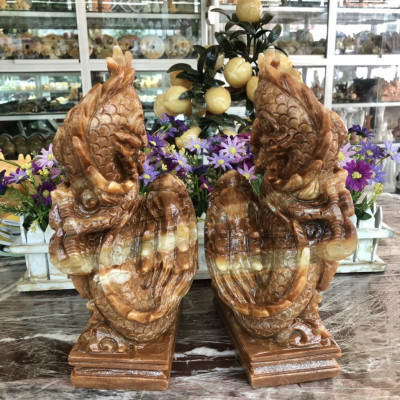 Cặp Rồng đứng phong thủy đá cẩm thạch vân gỗ - Cao 30cm