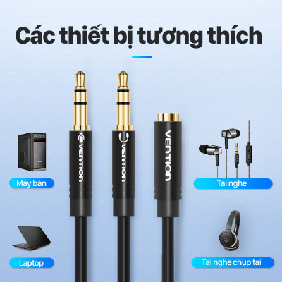 Cáp gộp tai nghe 2 vào 1 Jack 3.5mm - Cáp audio 2 dương 1 âm cho máy tính, laptop hỗ trợ loa và mic chính hãng Vention BBTBY - Hàng chính hãng