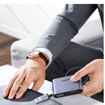 Ugreen UG20518CM449TK 15CM Cáp chuyển đổi USB 3.0 sang HDMI + VGA 1080P/60Hz vỏ nhôm - HÀNG CHÍNH HÃNG