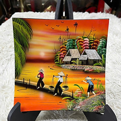 Dĩa vuông sơn mài cao cấp Thanh Bình Lê cảnh đồng quê đựng trái cây, trang trí nhà cửa, văn phòng, quà tặng ý nghĩa