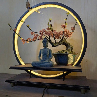 Kệ Gỗ Cao Cấp Kết Hợp Đèn LED Trang Trí Vòng Hào Quang 20/30/40cm – 3 Màu – Decor Bàn Làm Việc, Bàn Trà – Kèm Quà Tặng