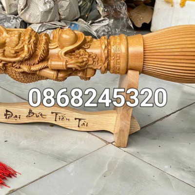 Bút phong thủy khắc nhất long vờn ngọc bằng bách xanh  kt 60×10×10cm