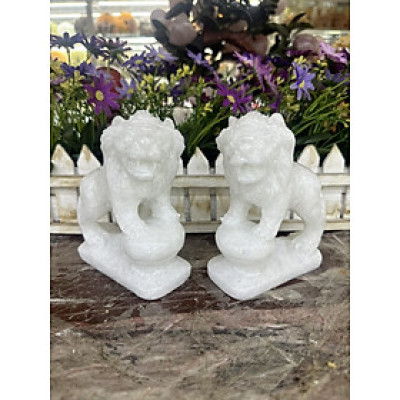Cặp Sư Tử phong thủy đá cẩm thạch trắng - Cao 13 cm