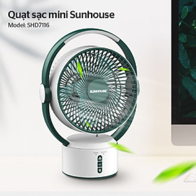 Quạt sạc tích điện SUNHOUSE SH7116, quạt mini để bàn kiêm đèn ngủ, 3 mức gió siêu mát - Hàng chính hãng