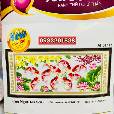 Tranh thêu chữ thập Cửu ngư hoa sen AL51417, nền trắng không thêu, kích thước 108 x 52 cm
