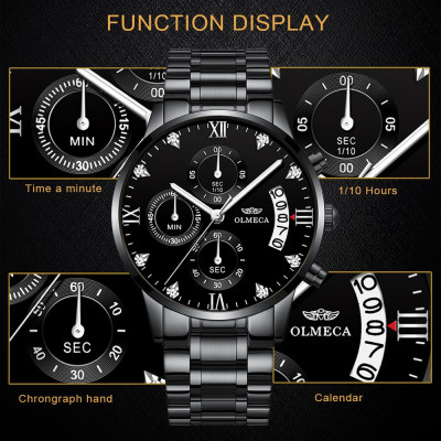 Đồng hồ thạch anh OLMECA 0878M Nam  Dây đeo bằng thép không gỉ, đa chức năng 3ATM Màn hình phát sáng Chronograph