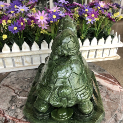 Tượng Long Quy ( Rùa đầu rồng ) cõng con phong thủy đá ngọc Ấn Độ - Dài 22 cm