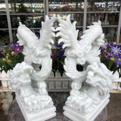 Cặp Rồng đứng phong thủy đá cẩm thạch trắng - Cao 30 cm