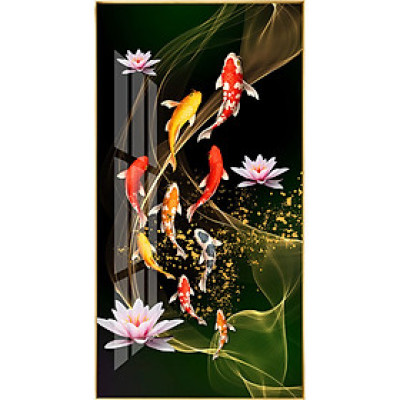 Tranh bóng kiếng Cửu Ngư Quần Hội bên hoa sen BK_0056