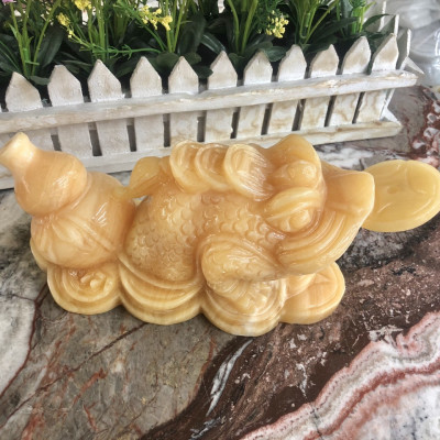 Tượng Cóc Ba Chân ngậm tiền, Thiềm Thừ phong thủy cõng hồ lô chiêu tài lộc đá ngọc hoàng long - Dài 20 cm