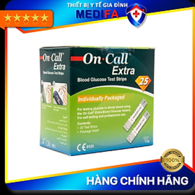 Hộp 25 Que thử đường huyết On Call Extra, NK chính ngạch, Tem niêm phong, nhãn phụ TV đẩy đủ