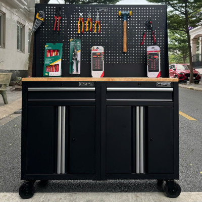 Bộ 2 Tủ dụng cụ CSPS 122cm màu đen mặt ván gỗ kèm vách lưới - 02 hộc kéo (tay cầm trắng)