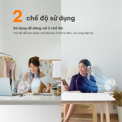 Quạt Sạc Tích Điện Mini Kẹp Bàn COMET CRF0705 5W Xoay 360 Độ pin Lithium 1800mAh hàng chính hãng