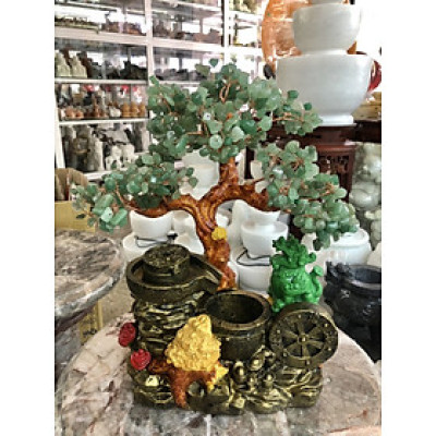 Cây Tài Lộc với tiểu cảnh thiềm thừ cóc ngậm tiền và tỳ hưu phong thủy đá thạch anh xanh - Cao 30 cm
