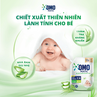 Túi Nước Giặt Omo Matic Cho Quần Áo Bé Yêu Chiết Xuất Tràm Trà Và Nha Đam Dịu Nhẹ, Sạch Khuẩn 3.6kg