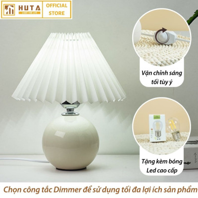 Đèn Ngủ Để Bàn Gốm Sứ Cao Cấp HUTA S8 Chao Xếp Ly Vintage Dễ Thương Decor Trang Trí Phòng Ngủ, Đọc Sách Đầu Giường, Điều chỉnh độ sáng, Đèn Vàng Bóng LED Tiết Kiệm Điện