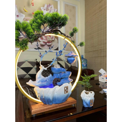 Hươu Bình An Thác Nước Phong Thủy, Đài Thưởng Trầm Phun Nước Kèm Đèn Led Cao Cấp