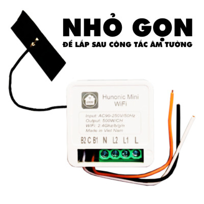 Công tắc Wifi Hunonic Mini 2 kênh 500W/kênh - LẮP SAU CÔNG TẮC ÂM TƯỜNG - Điều khiển từ xa bằng điện thoại