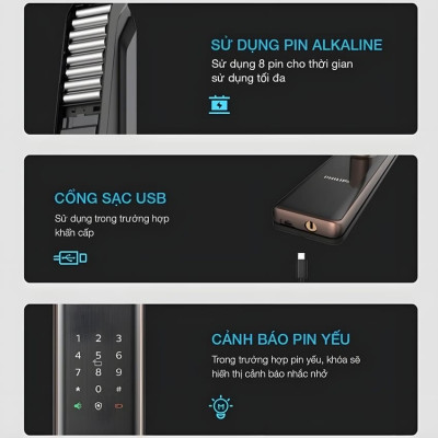 Bộ khóa cửa thông minh Bluetooth, vân tay, thẻ từ, mật khẩu và chìa cơ Philips DDL7300 - Hàng chính hãng (BH 2 NĂM)
