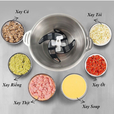 Máy Xay Thịt Cối Inox 304 Loại 4 Lưỡi Đa Năng Công Suất 250W Máy Xay Mini Cầm Tay Siêu Khỏe Dễ Dàng Sử Dụng  Dung Tích 2 Lít - Hàng Nhập Khẩu
