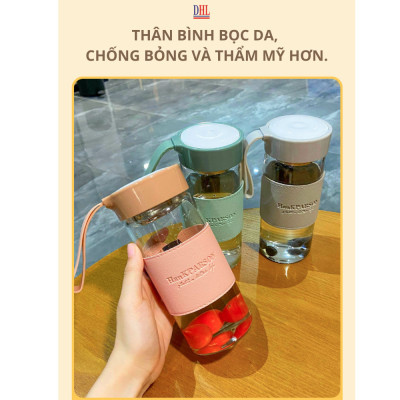 Bình Nước Thủy Tinh Cao Cấp Bọc Da Mitomo, Chịu Lực, Chịu Nhiệt, Có Dây Đeo Kèm Bộ Lọc Inox 304 Dung Tích 500ML hàng chính hãng