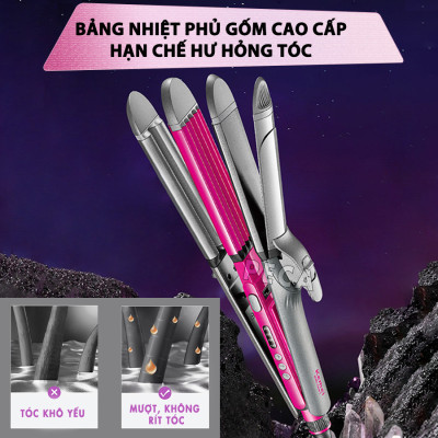 Máy làm tóc đa năng 4in1 Kemei KM-1397 điều chỉnh 4 mức nhiệt có thể duỗi tóc, uốn tóc, bấm xù chân tóc, uốn sóng hippie - Hàng chính hãng