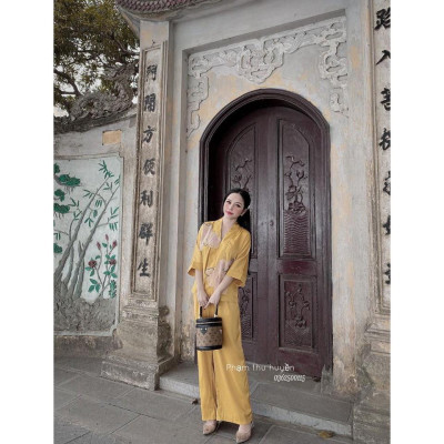 Đồ Lam Nữ Đi Chùa  SJ 01 Cao Cấp Trang Nhã Vải Lụa Hoa Nổi