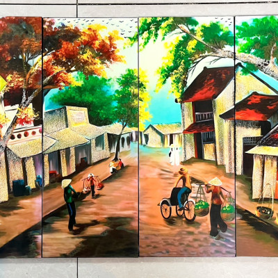 Bộ Tranh sơn mài 4 tấm - ĐỒNG QUÊ / PHỐ CỔ VIỆT NAM - Size 50x80 cm / 60x120 cm
