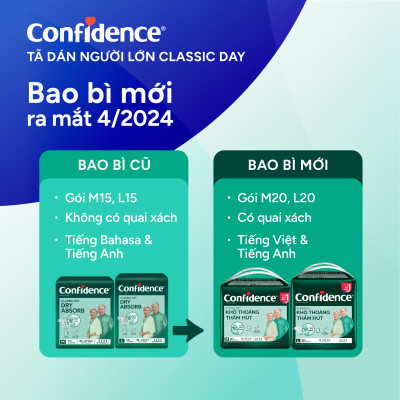 Tã dán người lớn Confidence Classic Day khô thoáng thấm hút size M gói 20+3 miếng
